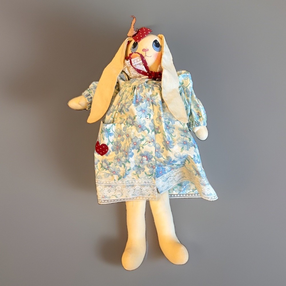 Vintage Handmade Fabric Bunny Rabbit Doll Blue Country Dress Apron Folk Art 1992